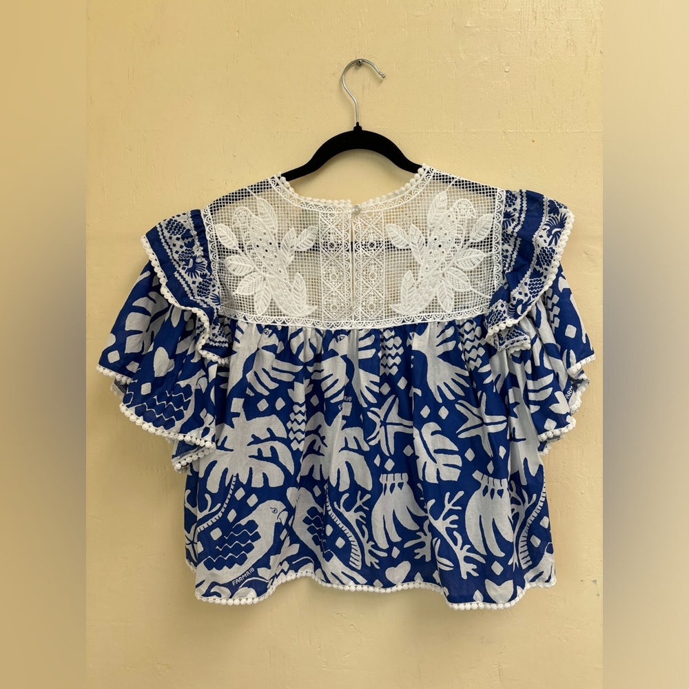 FARM RIO Navy Blue Jungle Scarf Lace Ruffle Sleeve Blouse - Picture 12 of 16